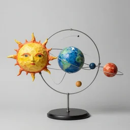a kinetic sculpture of this solar system, sun, orrery, canon 5 d 5 0 mm lens, papier - mache, studio, 1 9 6 3