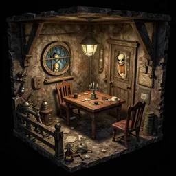 a detailed 3 d concept art of a serial killers basement, by moebius
