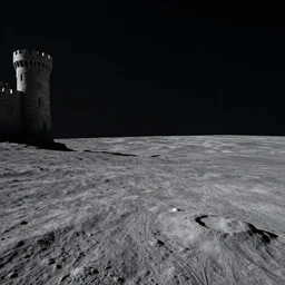 landscape photography of the lunar surface with a spooky medieval castle tower on the far left