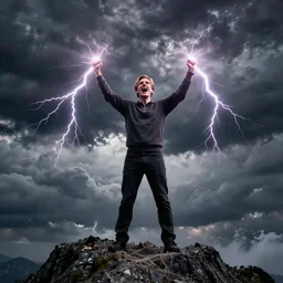 photograph of geert wilders standing on mountain, shouting, raising both hands, emitting lightning from both hands, atmospheric lighting, dark clouds, sinister