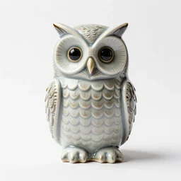 porcelain mechanical owl, professional product shot, isolated on a pure white background, centered, entire object in frame, sharp focus, soft studio lighting