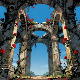 broken arches leading to the pillars of eternity draped with red flowers and vines, blue sky, lens flare, a sense of mystery, cinematic, ultra detailed, artstation, 8K, comic style by Hergé,-W 768