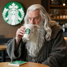 Gandalf sips coffee at Starbucks