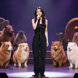 woman singing on a stage infront of animals.