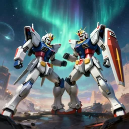 two gundam mobile suite fighting in the battlefield, mar planet, epic scene, futuristic style, intricate, highly detailed, digital painting, artstation, concept art, smooth, sharp focus, illustration, arcane style, aurora borealis, unreal engine 5, 8 k, art by artgerm and greg rutkowski and alphonse mucha