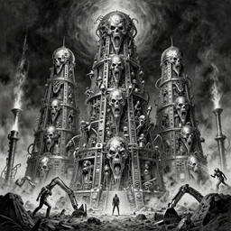 b & w inks of 1 1 horrifying chromed flayed god machines in tiers, all mainframe and medical, filthy, putrid chrome dip, insane speed of excavating planet grave, by wayne d barlowe, boris vallejo, geof darrow, stefano tamburini, torch light, muted colors, epic, hyper detailed, awe inspiring, award winning horror, hyper realism