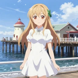 Detailed anime key visual of Monika, from Doki Doki Literature Club, wearing a white dress at Santa Monica Pier
