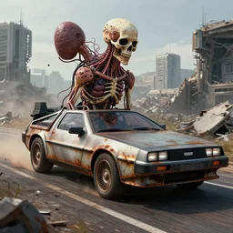 techno - biological rusty delorean consisting of tumors, veins, bones, kidneys, wires. rides along the roads of the destroyed techno - biological city. biopunk, body - horror, high detail, photorealism, full length view, very rust, concept art, octane render, 8 k. cgsociety by wayne barlowe, dariusz zawadzki