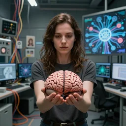 a woman holding a brain in her hands, in a room full of wires and computers and neural networks, sci - fi, 4 k realistic, artem demura. alphonse mucha. yoji shinkawa artgerm. jon lothian. danilo torres. adi meyers. thomas reimann. gaston bussiere.