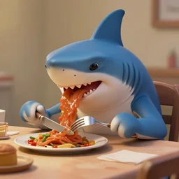 anthropomorphic shark is eating luch at a table, with a fork and knife. volumetric lighting, detailed painting, fantasy, character concept art