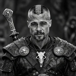 a cinematic view of wide bw photo from a very ornated old odin mixed with brad pitt viking, shaved haircut, mexican mustache, showing celtic tattoos in the head, using leather armour with necklace of bones, naughty expression, photorealistic, volummetric light, depth of field, detailed, texturized, zeiss lens high professional mode