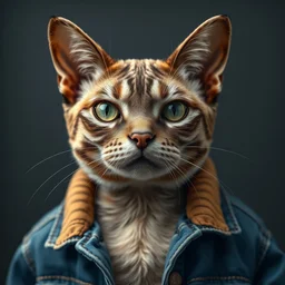 full head photo portrait of a cute wrinkle egyptian cat made of jeans jacket, medium shot, super realistic, crisp details, sharp, detailed, intricate, volumetric lights, cinematic, shit with hasselblad, octane render