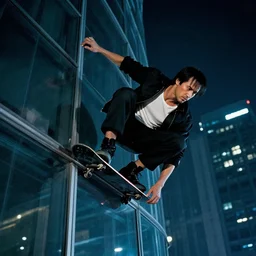 a real photograph of cyberpunk chuck norris sliding down a sleek glass building at night.
