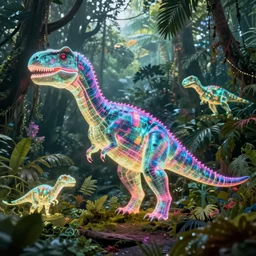spectral neon glowing holographic dinosaur holograms, foggy jungle in the background, vibrant fantasy concept art by terese nielson