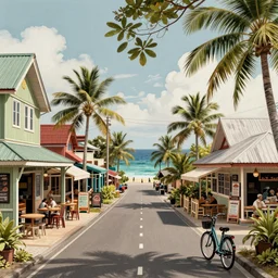 a quaint fijian island town, street, shops, restaurant, street - level view, bicycles, view of ocean in the distance at end of street, digital illustration, art by artgerm, trending on artstation, intricate, amazing detail, concept art, sharp focus, cinematic lighting
