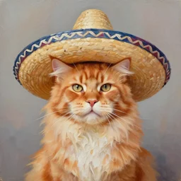 Beautiful impasto Oil painting of an orange Maine-coon with a white beard. wearing a wide-brimmed straw sombrero sombrero