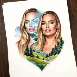 tattoo design sketch of margot robbie and beautiful mountain scenery mash up, in the style of maaika de jong, surrealist, amazing detail, sharp