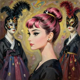 anime, masquerade, vogue, korean, audrey hepburn, intricate oil painting, trending on artstation, greg rutkowski, john singer sargent, side profile, pink hair
