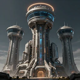 3 d sculpt of massive military cyberpunk'air traffic control tower'' power station'complex scifi digital movie camera brutalist industrial military building facade, halo, star wars, ilm, star citizen halo, mass effect, high tech industrial, artstation unreal