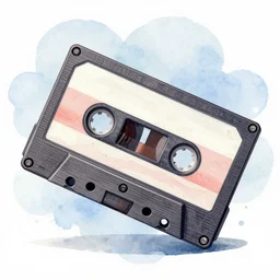 cassette tape floating in space, vibrant watercolor