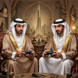 portrait, twins playing video games, sheik mohammad ruler of dubai, hyperdetailed illustration by irakli nadar and alexandre ferra, intricate linework, unreal engine 5 highly rendered, global illumination, detailed and intricate environment