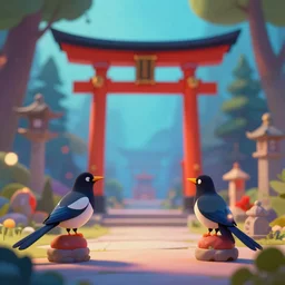 shrine for magpie gods. award - winning 3 d cartoon by an indie studio, rimlighting, depth of field, limited but vibrant palette, impressionism, chiaroscuro, bokeh.