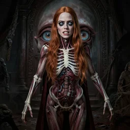 emma stone in sleepy hollow, full body, big two toned eyes, teeth gritted, horror, intricate details, cinematic, epic, realistic, anatomy, tomer hanuka, uplight, artstation, photorealistic, scary