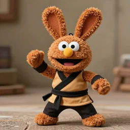a fighting monk class brown colored rabbitfolk muppet plush wearing a ninja uniform, sesame street