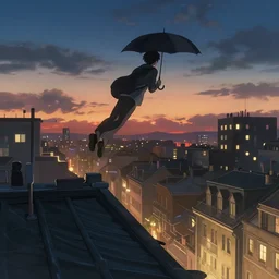 person with umbrella flying through city roofs buildings, moody sunset, late night, detailed characters, by greg rutkowski, alphonse mucha, beeple, sharp focus, digital art, smooth, light refraction, pixiv art, volumetric lighting, makoto shinkai