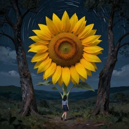 giant sunflower as a face, girl walking between old trees, hills, surreal photography, dark night, star trails, dramatic light, impressionist painting, clouds, digital painting, artstation, simon stalenhag