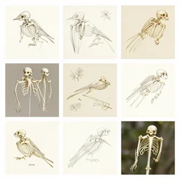 montage of style sheets, bird bones, hand drawn, by acorn naturalists