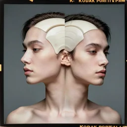 kodak portra, shintaro kago, studio light, fashion photography portrait, head splitting in two showing exploded view anatomy, head neck shoulders, conjoined twin, by victo ngai, kilian eng vibrant colors, dynamic lighting, digital art, winning award masterpiece, fantastically beautiful, illustration, aestheticly inspired by beksinski and dan mumford, upscale with simon stalenhag work, artstation, 8 k