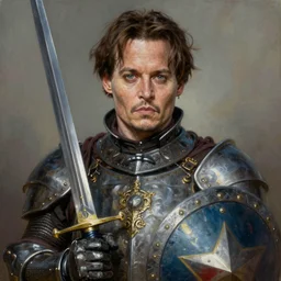 greg manchess oil matte portrait painting, johnny depp knight with a beautiful face, sword and shield, wonderful masterpiece highly detailed, scifi, beautiful cinematic light deep focus, elegant, digital painting, smooth, sharp focus, golden ratio, dramatic illumination, ultra realistic, 4 k, art by greg rutkowski wlop rossdraws
