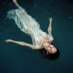 beautiful woman suspended in water with silk clothing , 4k, by Jean Delville, cinematic lighting