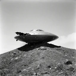 photo of a ufo crashed into a mountain, black and white photo