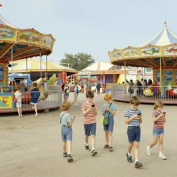 kids wandering through a carnival, all ignoring the rides and playing on their phones instead, by Norman Rockwell