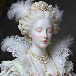 high intricate porcelain baroque stunning woman portrait, lace collar, string of pearls, bird feathers, elegant, 8 k, glitter skin very white hyperrealistic hyperdetailed pastel, maria panfilova, andrea savchenko, sensual mike kime, ludovic plouffe, qi sheng luo, oliver cook, trending on artstation