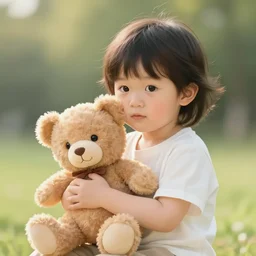 little kid holding teddy bear, digital art