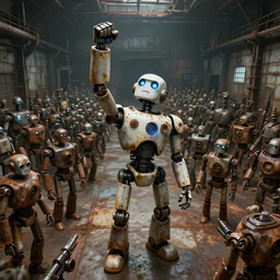 a deranged robot looking up with a fist raised high in triumph, standing in front of hundreds of robots inside a huge rusty dingy warehouse, raygun gothic, atomic punk, digital art, detailed octane render, high angle