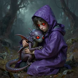 Little nightmares, purple raincoat, fiery eyes, cuddling her demogorgon, painted by raymond swanland