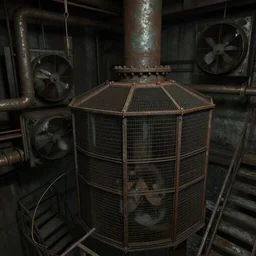 wire, grate, iron, pipes, steam, plant, fans, stairs, rust horror darkness, destroyed, highs detailed, unreal engine
