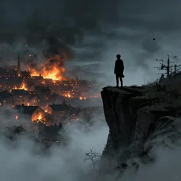 silhouette of person standing on edge of cliff, large town in distance on fire, night, smoke, particles, digital illustration, high detailed, fantasy, particles, fog, creepy, tintoretto, beksinski, masanori warugai, wlop