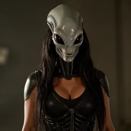 movie still of kim kardashian wearing a alien facehugger mask, in the movie alien. cinematic full shot.