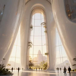 the inside of a very tall monument with big pods by tim blandin and arthur haas and bruce pennington and john schoenherr, big windows architecture by zaha hadid, octane render, warm colour scheme, white, cinematic, scenery, cgsociety, modernism, futuristic, trending on artstation, sci - fi, high detail, high quality, close up angle, people walking