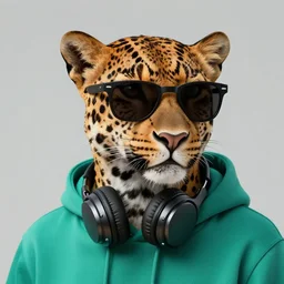 a photorealistic digital illustration of a leopard wearing black sunglasses, dressed in a teal green hoodie with headphones wrapping around his neck. hyper detailed. this 4 k hd image is trending on artstation, featured on behance, well - rendered, extra crisp, features intricate detail, epic composition and the style of unreal engine.