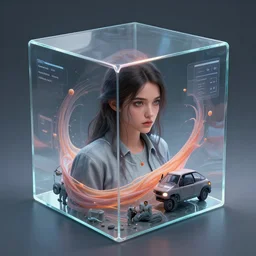 A stunning young woman imprisoned inside a three-dimensioinal glass cube, Fantasy, hyperrealism, 4k, volumetric lighting, three dimensions, spaghettification, a digitally transformed world, user interface design, 3D modeling, artstation, illustration, and transportation design. art by Andrew Chiampo, Frederik Heyman and Jonathan Zawada