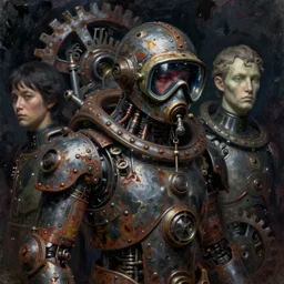 dark, gothic, cyber, fantasy, rust, metal, rivets, cogwheel, human, creature, mannequin, machinery, scuba mask, by giger, masahiro ito, junji ito, rough oil paint, underpainting, highlights, john signer sargent