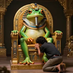 the frog painted as old egypt god sitting on a glorious throne, a person bending knee front of him worshipping him. photo realistic, digital art.