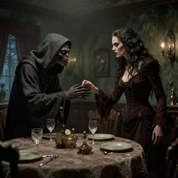 a strange creature greeting a female explorer in a dining room, haunted house, rhads!, a hooded figure, a fierce woman, ( h. r. giger )