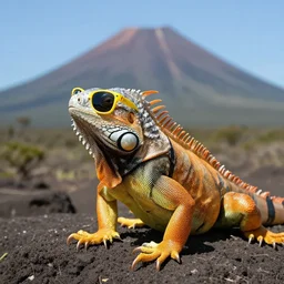1 0 0 year old iguana wearing yellow sunglasses, volcano